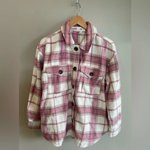 NWT BP NORDSTROM PLAID BRUSHED SHACKET IN IVORY-PINK PINKY PLAID Small - Picture 1 of 14